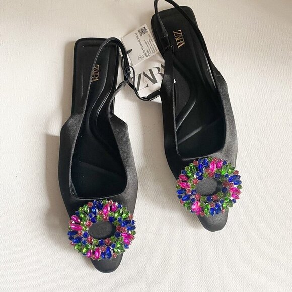 Zara Colourful  Rhiniestone Detail Balck Satin Flats 37 - Picture 2 of 6
